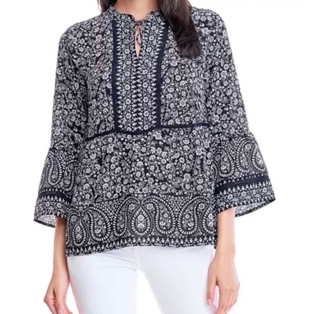FEVER Bell Sleeve Peplum Top Blouse Flower white/black Size L